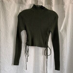 Altar'd State Olive Green Ribbed Mock Neck Lace-Up Crop Sweater